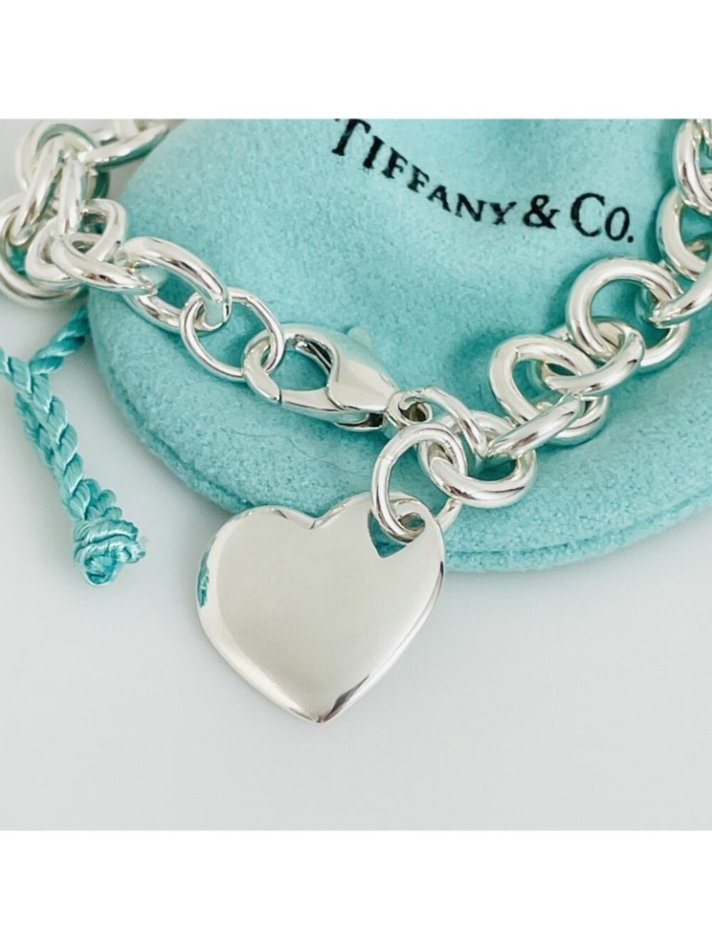 8" Tiffany & Co Puffed Puff Double Cutout Heart Tag Charm Bracelet in Silver - Picture 3 of 5